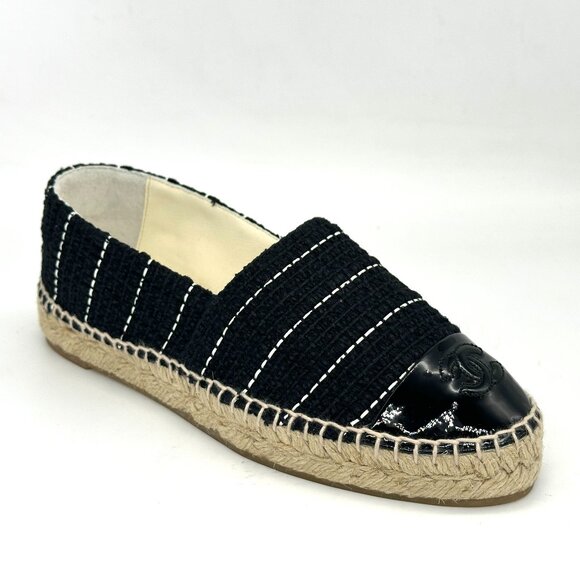 CHANEL 15S 2015 Classic Tweed Patent Cap Toe CC Logo Espadrilles Flats Shoes - Picture 10 of 16